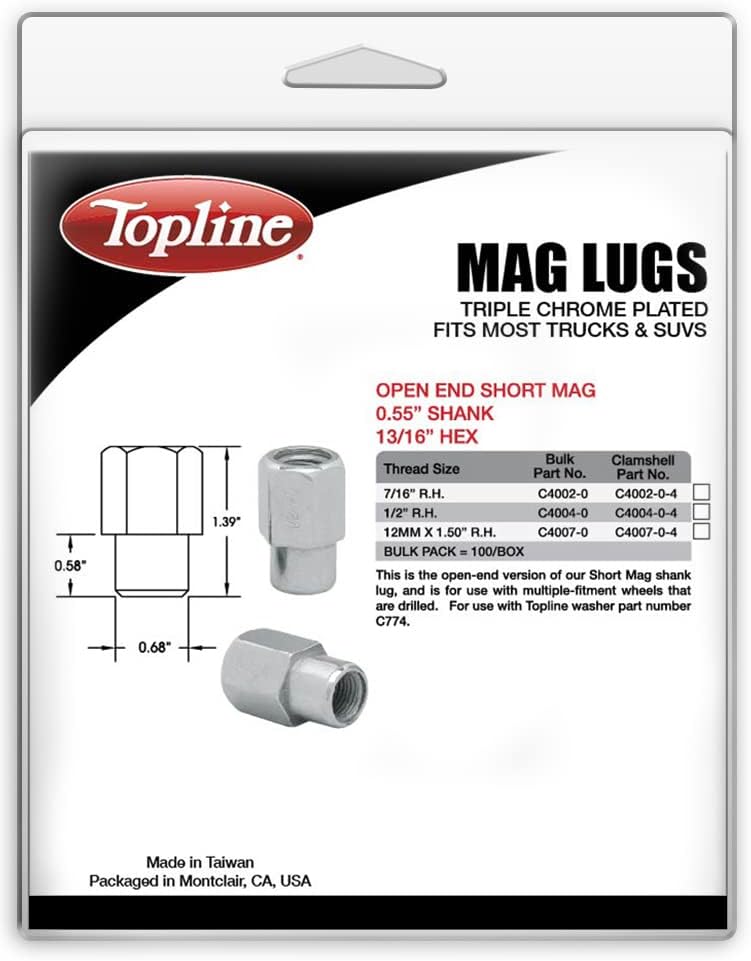 מוצרי Topline C4002-0-4P | Premim Chrome Opeen End Short Mag Lugs עם 0.55 שוק | 7/16 R.H. גודל חוט | 13/16 HEX